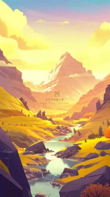 落日山脉河流小溪扁平手绘插画,旅行游玩登山郊游 落日山脉河流小溪扁平手绘插画,旅行游玩登山郊游