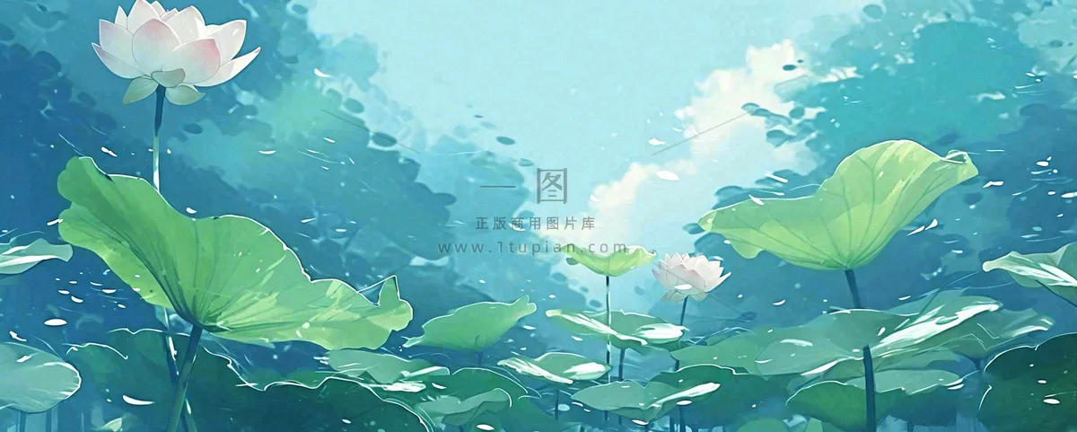 夏天湖面落叶荷花荷叶水面仰视，夏至小暑大暑