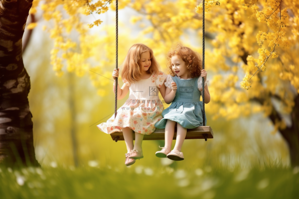 秋天荡秋千的女孩童话公主摄影图