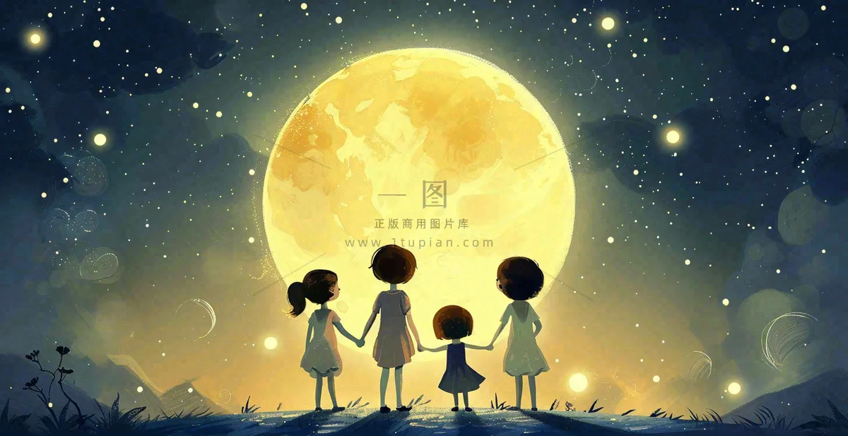 中秋满月小孩手拉手赏月治愈梦幻唯美月亮夜晚水彩插画背景