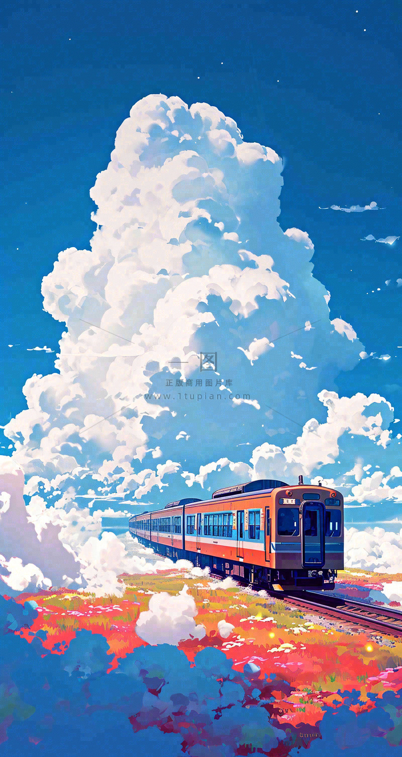 彩色绚丽彩虹蓝天白云铁路火车动车手绘插画