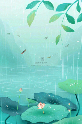 春天雨季池塘里的荷花蜻蜓雨水谷雨惊蛰卡通插画背景 春天雨季池塘里的荷花蜻蜓雨水谷雨惊蛰卡通插画背景