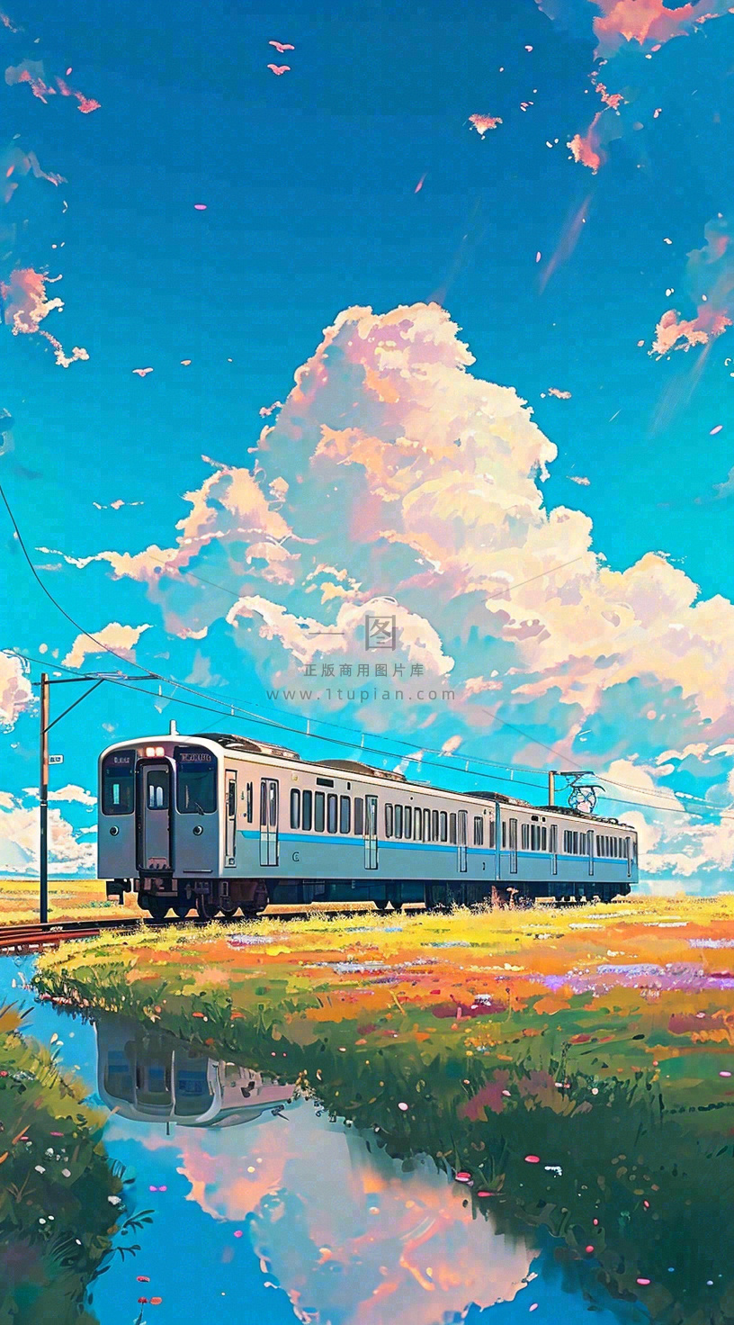 蓝天白云下草地河流高铁火车铁路手绘插画