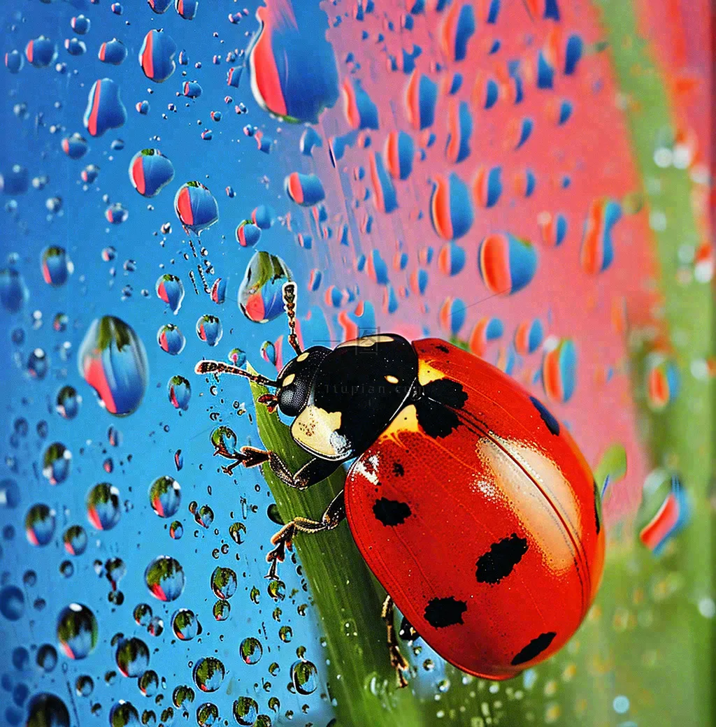 玻璃雨水下的绿叶昆虫七星瓢虫，彩色植物摄影图