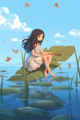 少女坐着湖中叶子上玩耍蓝色背景卡通插画