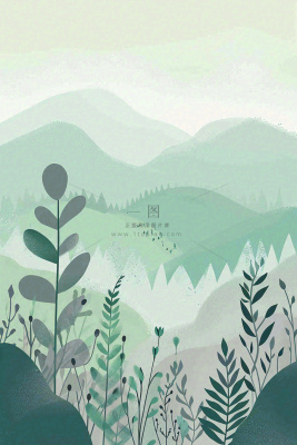 青绿山脉树木小草扁平插画手绘