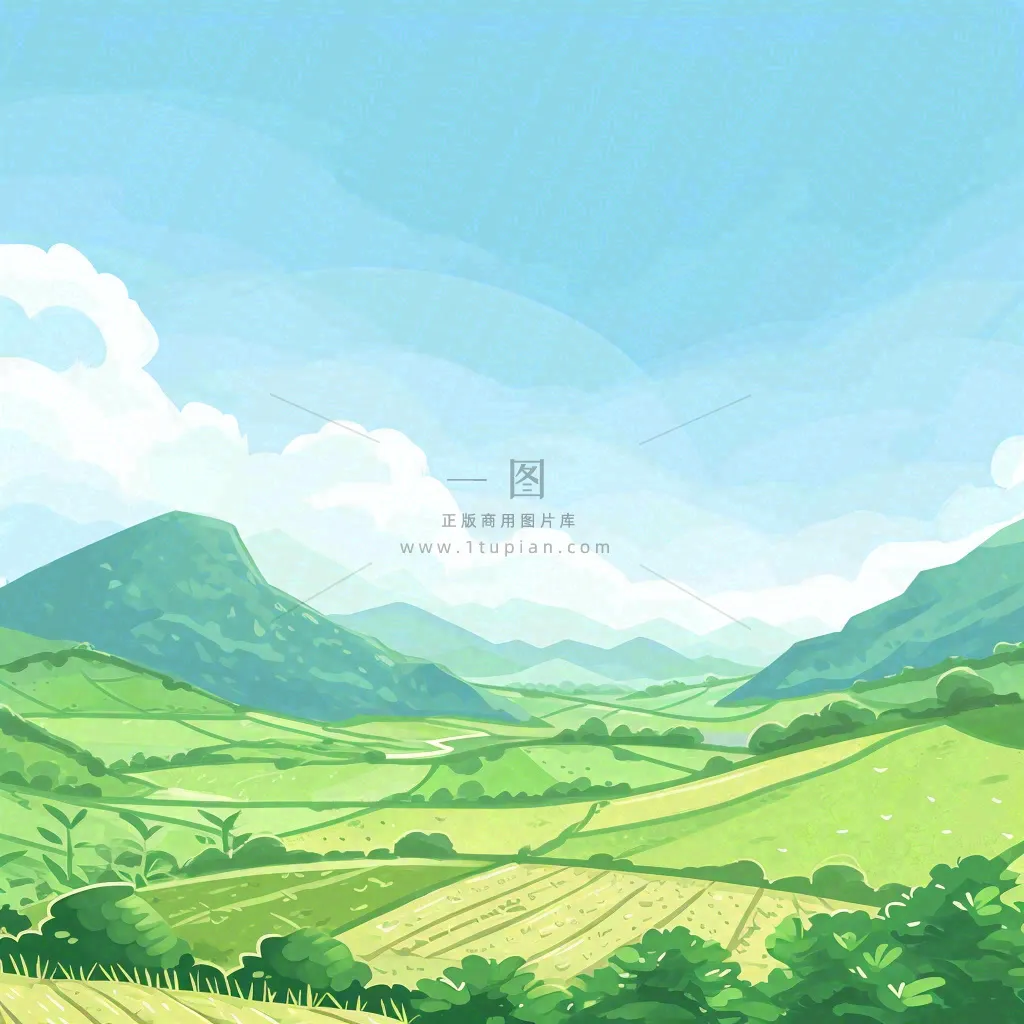 春天清新山脉田间草地绿植手绘插画