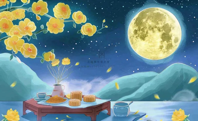 中秋夜晚赏月月饼饮茶黄花菊花桂花国风插画背景