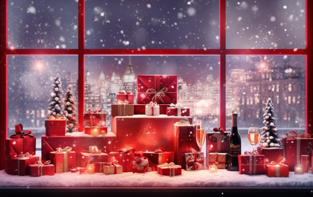 圣诞装饰喜庆礼物红色窗外下雪摄影图