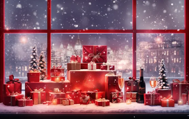 圣诞装饰喜庆礼物红色窗外下雪摄影图