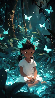 森林意境儿童少女灯光蝴蝶手绘插画,丛林树木 森林意境儿童少女灯光蝴蝶手绘插画,丛林树木