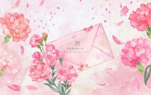 母亲节鲜花花束信封康乃馨粉色插画背景