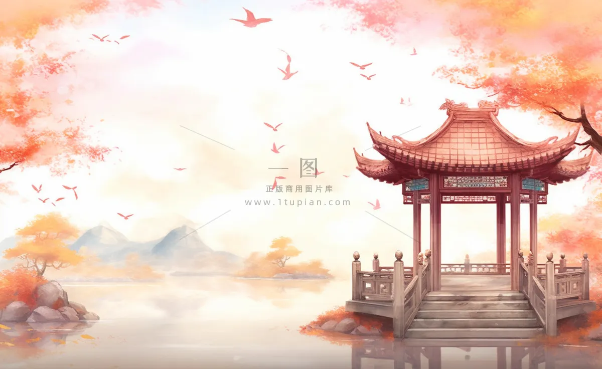 秋季枫叶晚亭山水湖面倒影美景中国风水墨画插画背景