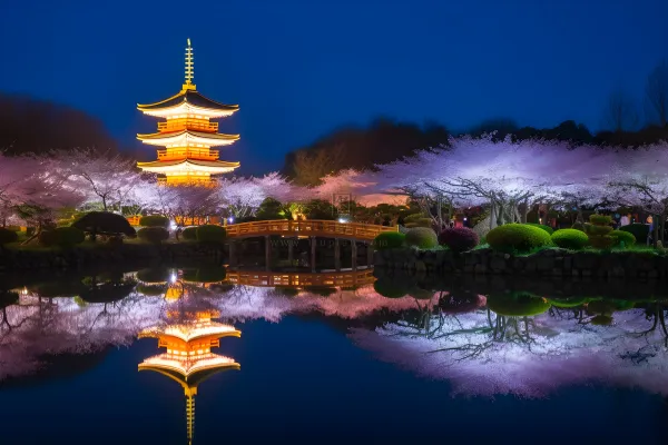 公园夜景发光的宝塔倒映在湖水里摄影图