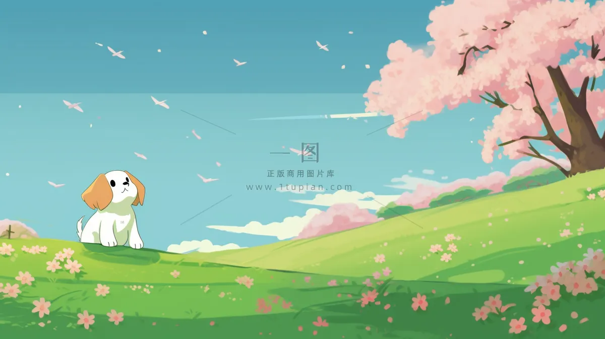 蓝天白云草坪樱花飘零小狗粉色花朵卡通插画素材背景