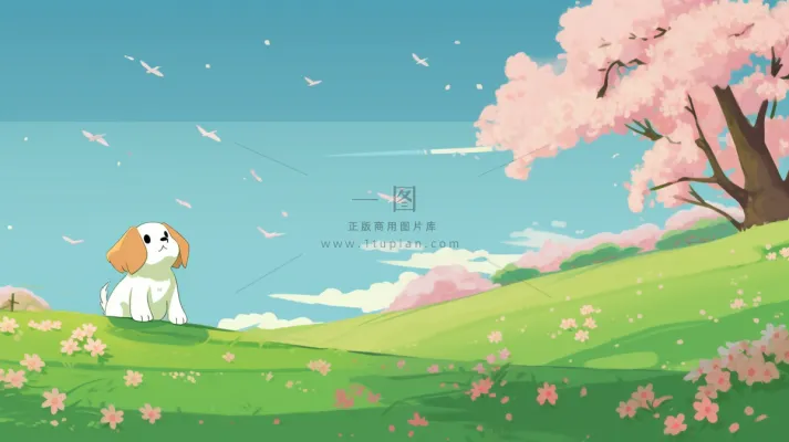 蓝天白云草坪樱花飘零小狗粉色花朵卡通插画素材背景