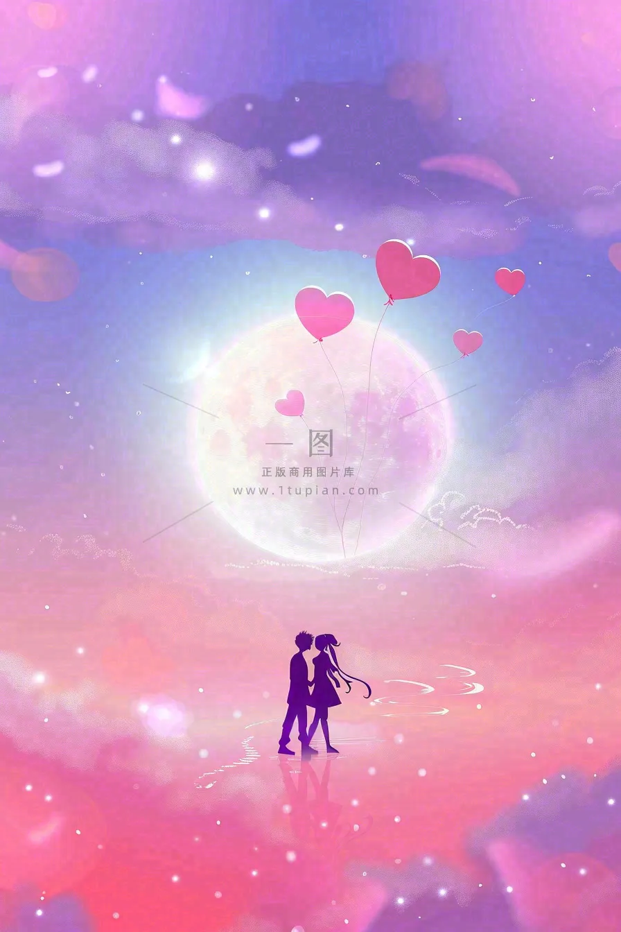 宇宙星空情人浪漫七夕爱心气球粉紫色云朵天空插画背景