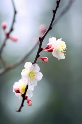 白梅花春天树枝抽新芽蓝天摄影图