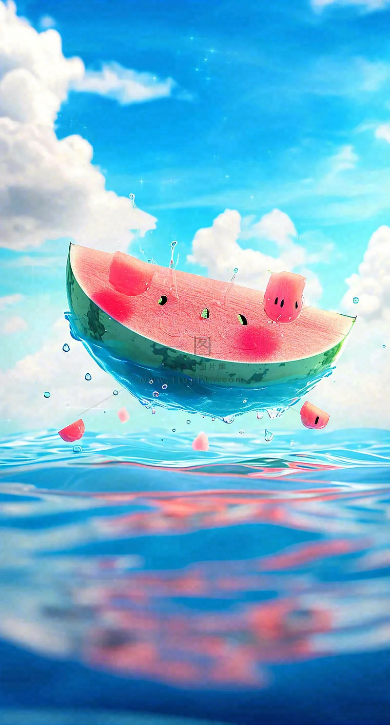 夏天海洋海面水面西瓜水果冰霜清凉，夏至小暑