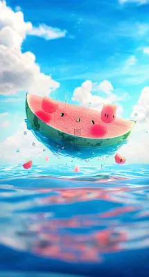 夏天海洋海面水面西瓜水果冰霜清凉，夏至小暑