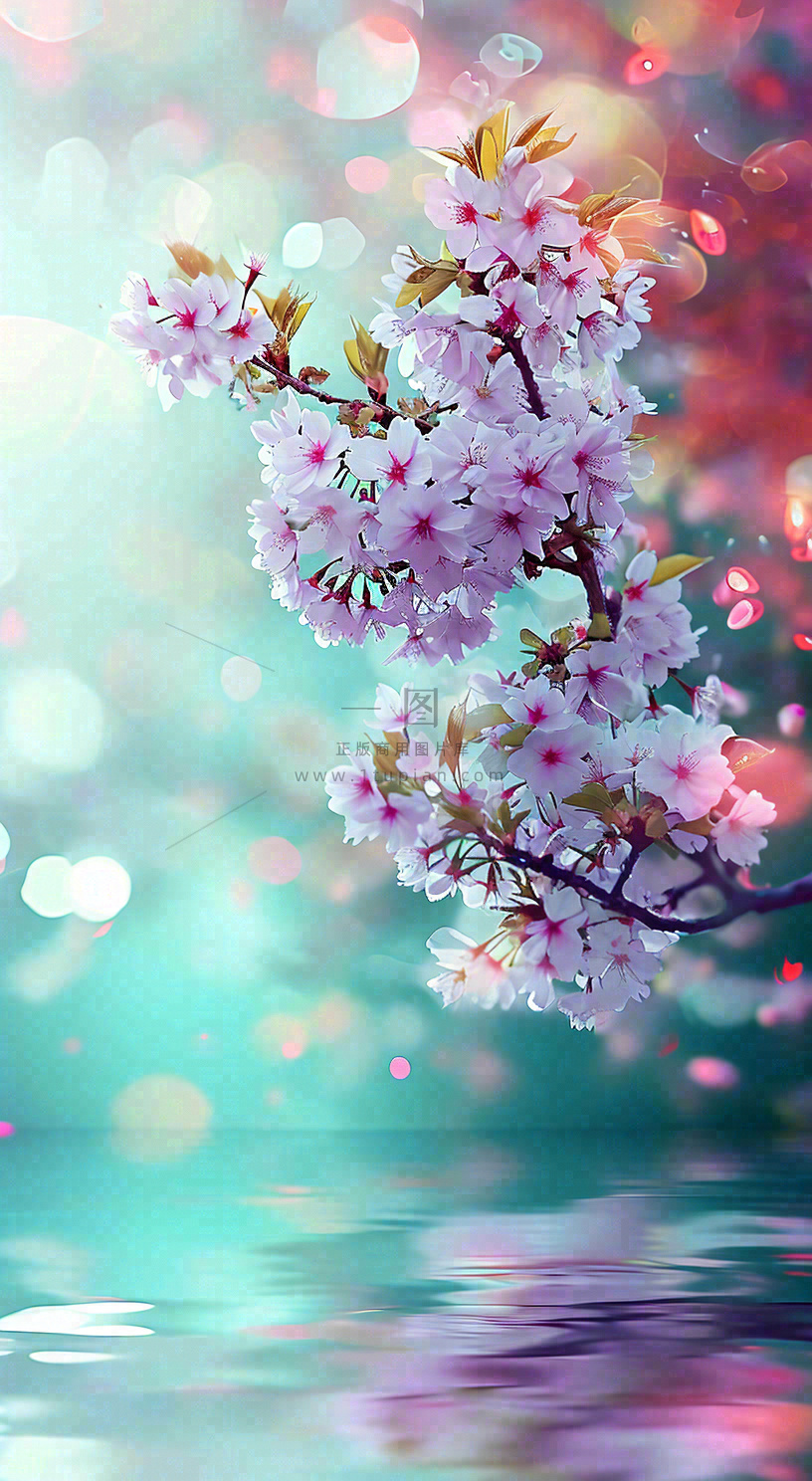 春天枝条上开满花朵,春分摄影图