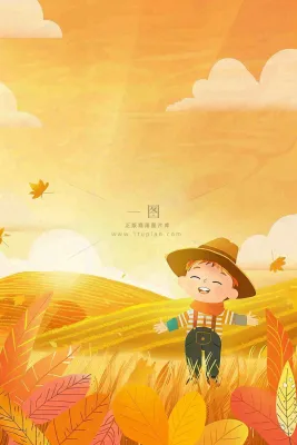 秋天金黄的农田小麦稻谷稻草人落日秋收立秋处暑秋分卡通插画背景 秋天金黄的农田小麦稻谷稻草人落日秋收立秋处暑秋分卡通插画背景