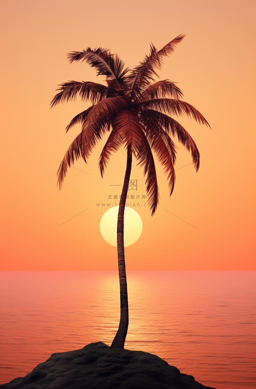 夏日沙滩椰树海边落日余晖晚霞摄影图