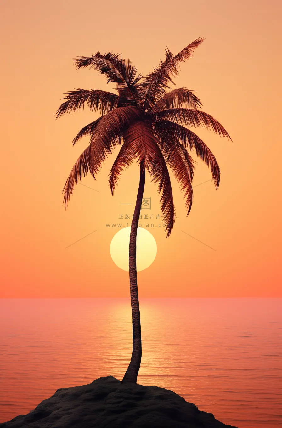 夏日沙滩椰树海边落日余晖晚霞摄影图