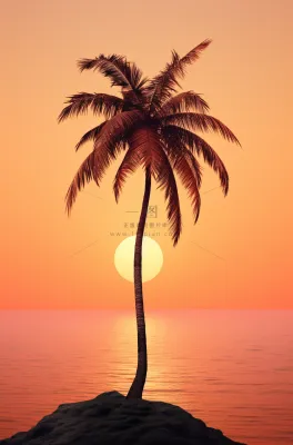 夏日沙滩椰树海边落日余晖晚霞摄影图