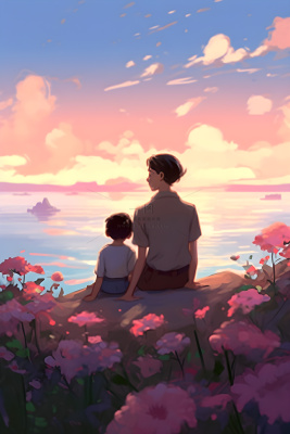 长辈父亲和孩子坐着看落日晚霞浪漫背景