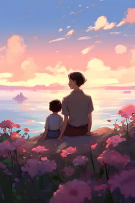 长辈父亲和孩子坐着看落日晚霞浪漫背景