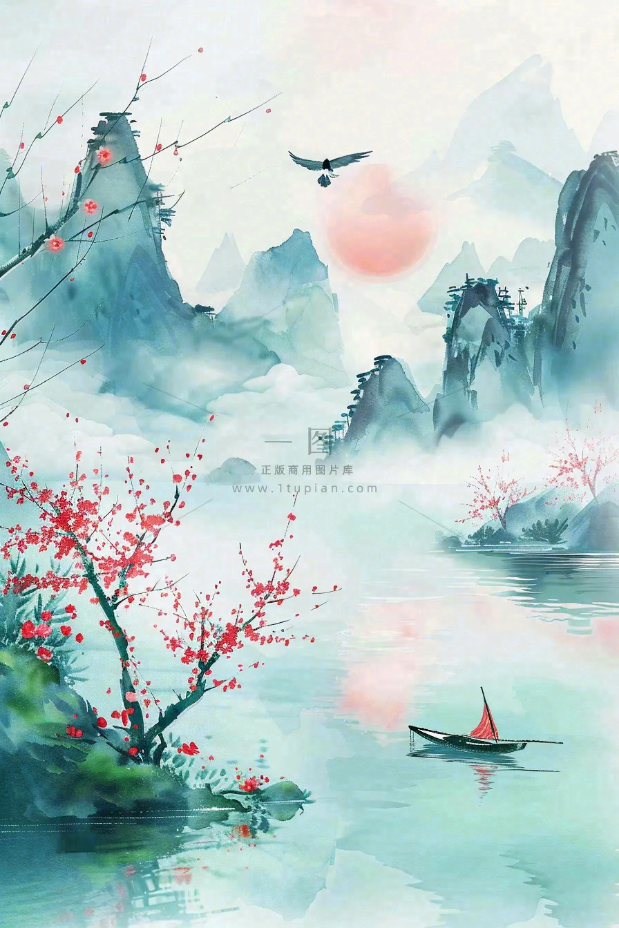水墨江南山水画桃花青山春分清明惊蛰节气背景