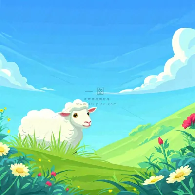 春天清新蓝天白云草地绵羊花朵扁平插画手绘 春天清新蓝天白云草地绵羊花朵扁平插画手绘