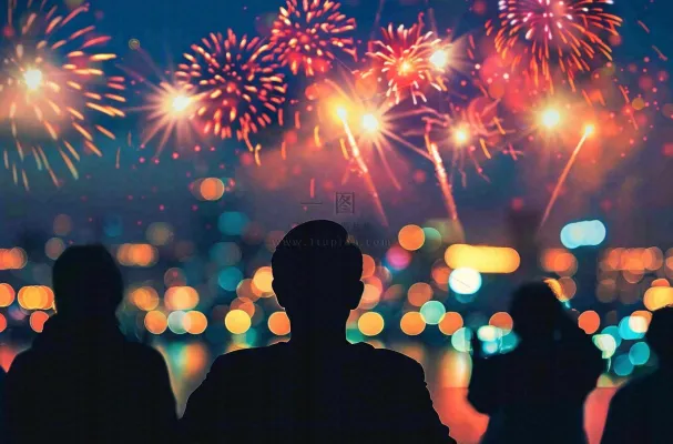 烟花绽放节日人物剪影背景庆祝小年除夕夜背景