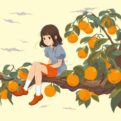 女孩少女坐着橘子树上可爱卡通插画素材背景