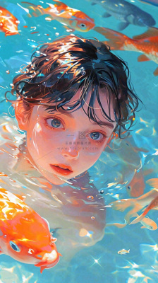 阳光泳池游泳人物男女，金鱼水面海上，反光色彩摄影图