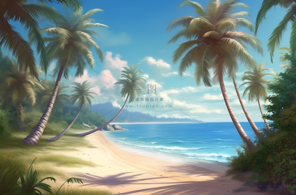 热带海滩沙滩上有棕榈树风格热带象征主义宁静的海景插画背景