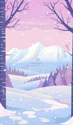 冬季白雪里森林的晚霞夕阳卡通插画小寒大寒立冬背景