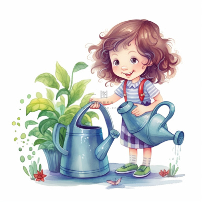 春夏小女孩在给绿植浇水插画海报素材背景