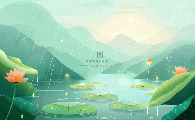 夏日荷花盛开暴雨天气山水花处暑小暑卡通插画背景 夏日荷花盛开暴雨天气山水花处暑小暑卡通插画背景