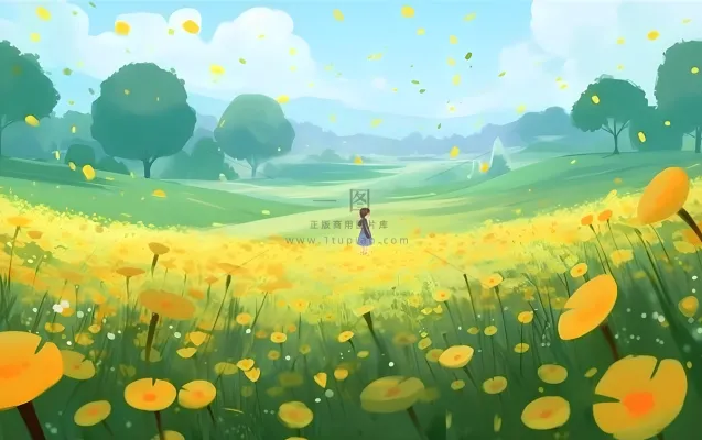 蓝天白云草坪草原人物黄色花朵手绘插画海报素材背景 蓝天白云草坪草原人物黄色花朵手绘插画海报素材背景
