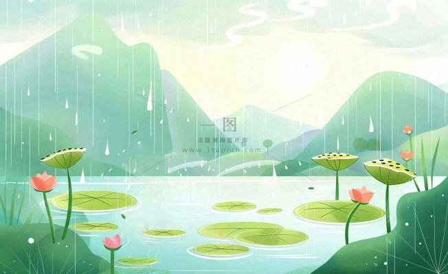 夏日荷花盛开暴雨天气山水花处暑小暑卡通插画背景 夏日荷花盛开暴雨天气山水花处暑小暑卡通插画背景