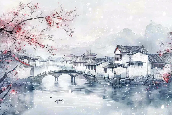 中国水墨画江南水乡梅花古风冬天大雪纷飞小雪大雪冬至插画背景 中国水墨画江南水乡梅花古风冬天大雪纷飞小雪大雪冬至插画背景