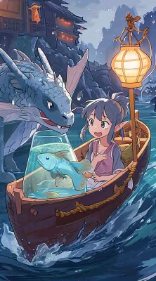 创意卡通古风河面人物游船，夜晚龙灯笼光照，海浪水面