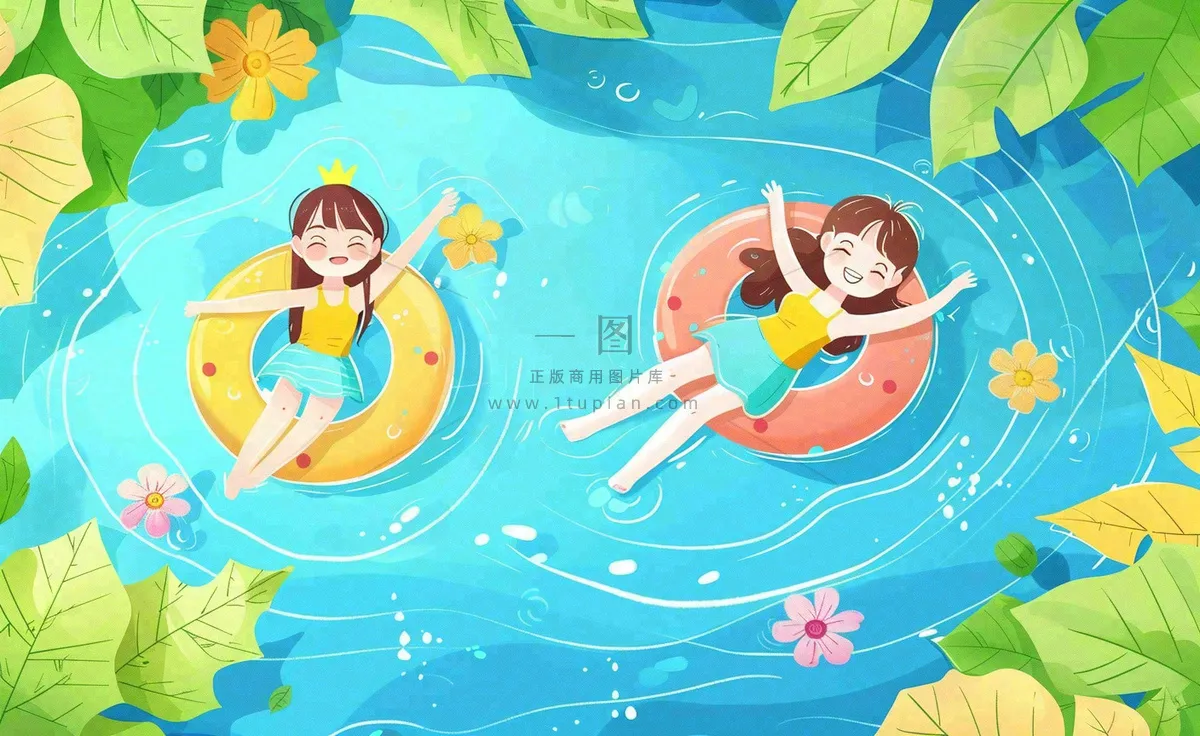 夏天游泳泳池人物游泳女孩蓝色背景泳圈夏日运动立夏大暑小暑夏至卡通插画背景