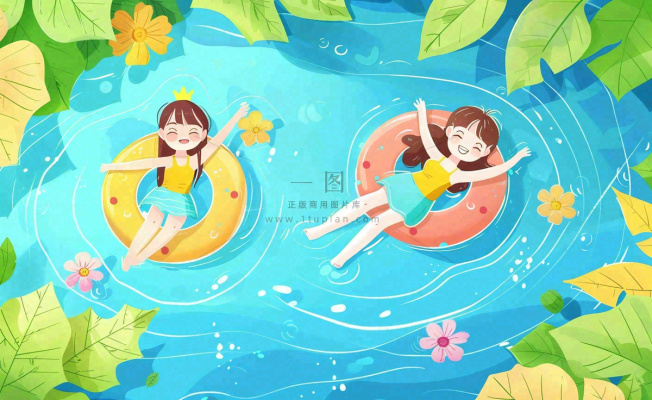 夏天游泳泳池人物游泳女孩蓝色背景泳圈夏日运动立夏大暑小暑夏至卡通插画背景 夏天游泳泳池人物游泳女孩蓝色背景泳圈夏日运动立夏大暑小暑夏至卡通插画背景