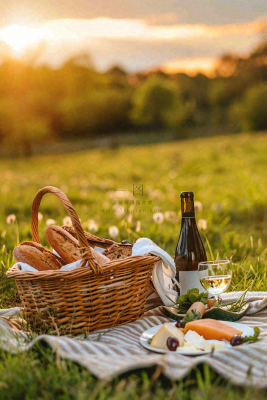 下午茶草坪野餐红酒夕阳浪漫春分唯美摄影图