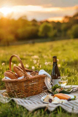 下午茶草坪野餐红酒夕阳浪漫春分唯美摄影图