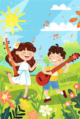 夏日音乐会乐器弹唱儿童草坪欢乐儿童节夏至卡通插画背景