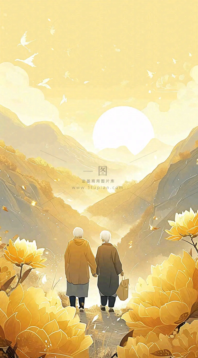 老人相伴到老，菊花黄色花朵，落日山脉